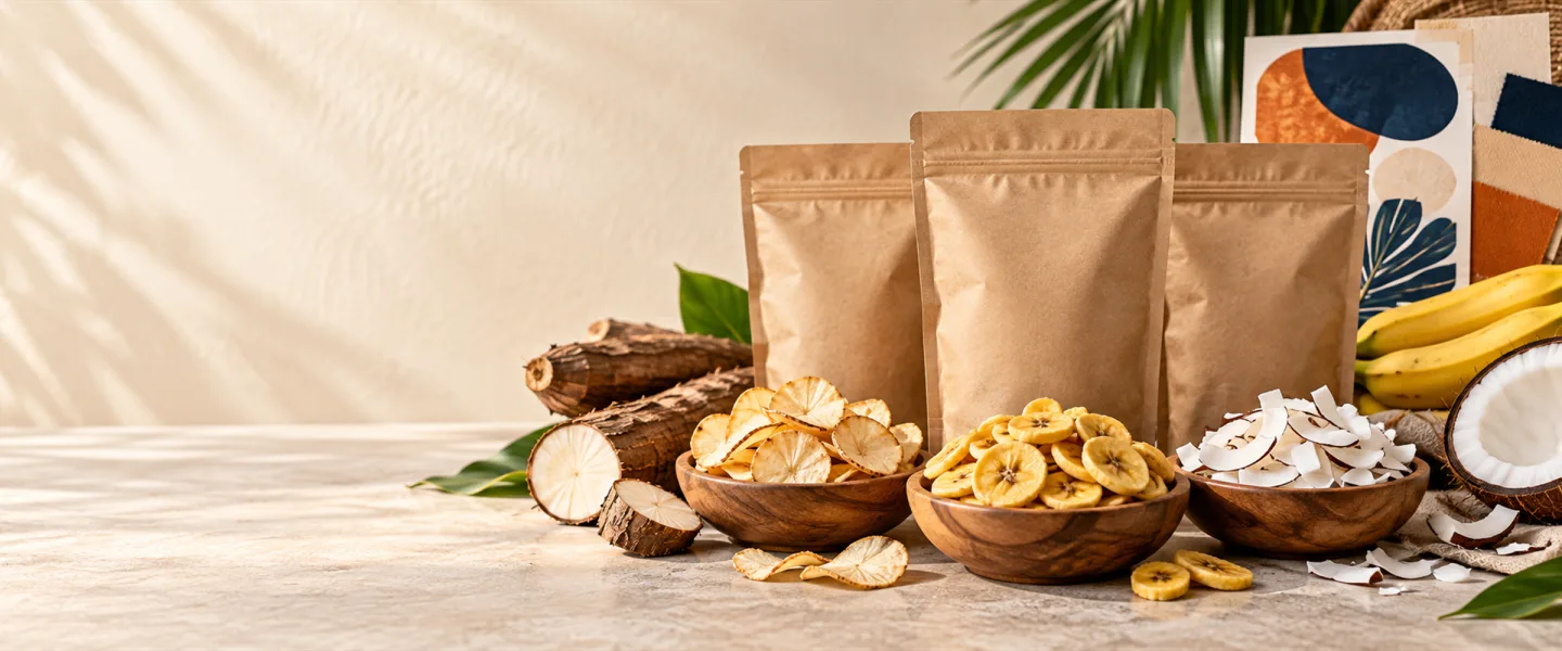 Snack pouches with bowls of cassava, banana and coconut chips and raw ingredients